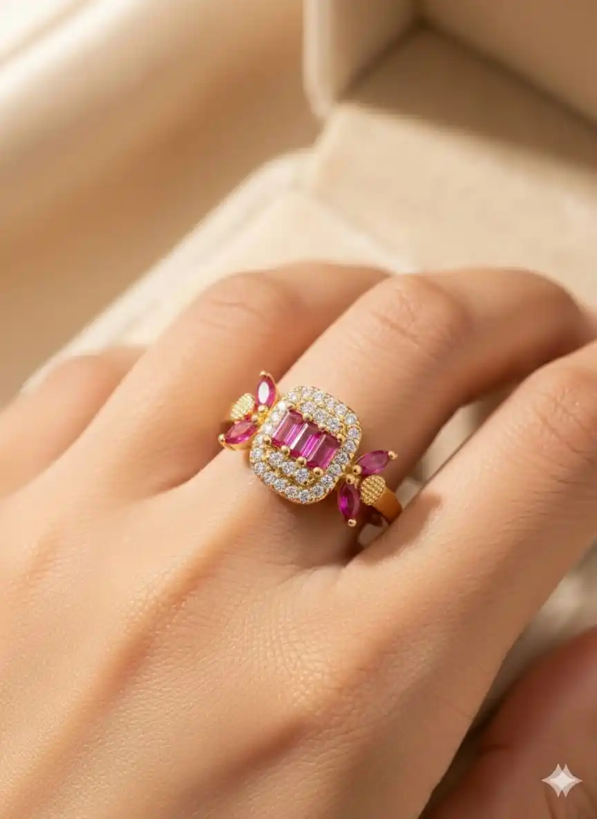 Micro Gold Plated AD Diamond Studded Pink Ruby Square Designer Ring.png